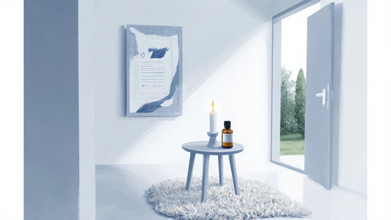 Elegantní terapeutický pokoj s neutrálním kobercem, esenciálním olejem, svíčkou, závěsnou certifikací.