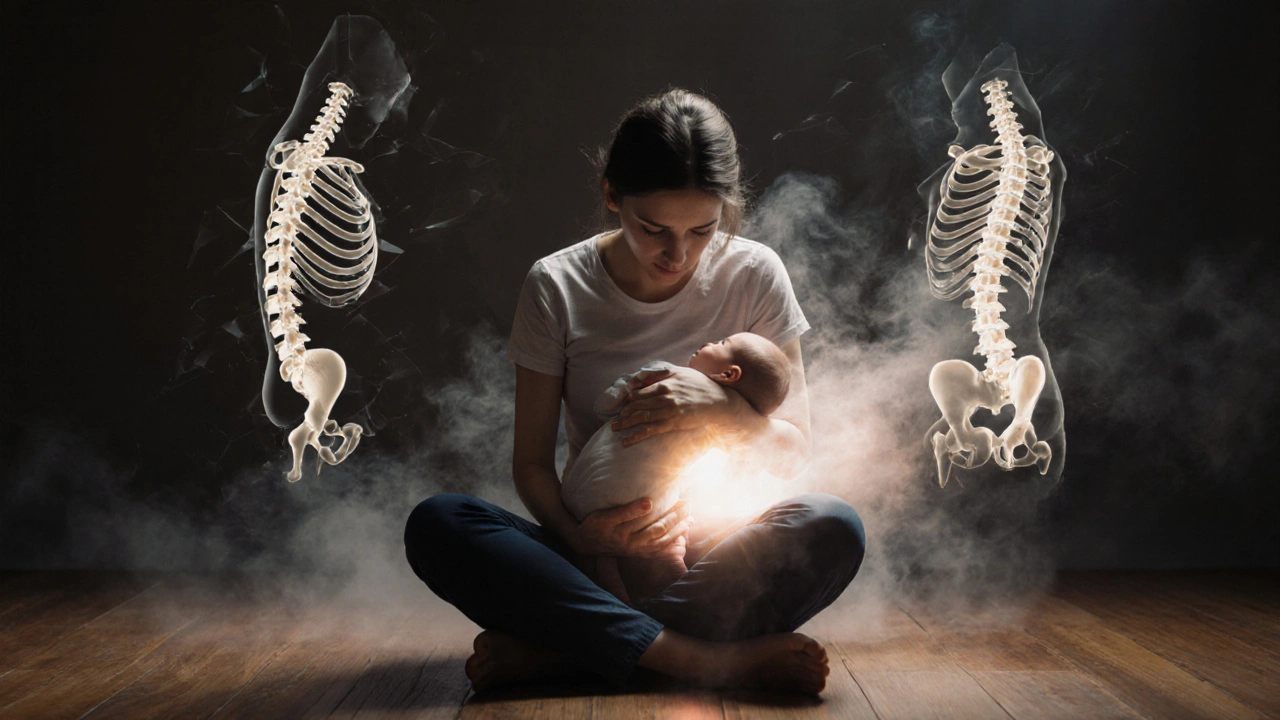 Matka sedí s dítětem, zatímco světelná masáž obnovuje její postoj.