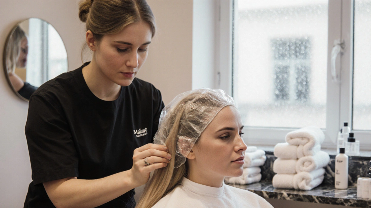 Odborník v salónu aplikuje léčebný postup Malibu C na světlé vlasy klientky.