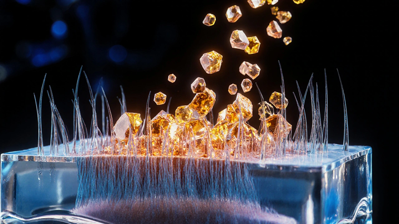 Zvětšený pohled na vlasy s rozpuštěnými minerály, které odstraňuje kyselina ascorbová.