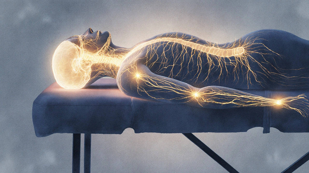 Abstraktní znázornění vagálního nervu jako jemně zářící cesty od lebky po páteř, symbolizující přechod ze stresu do klidu.