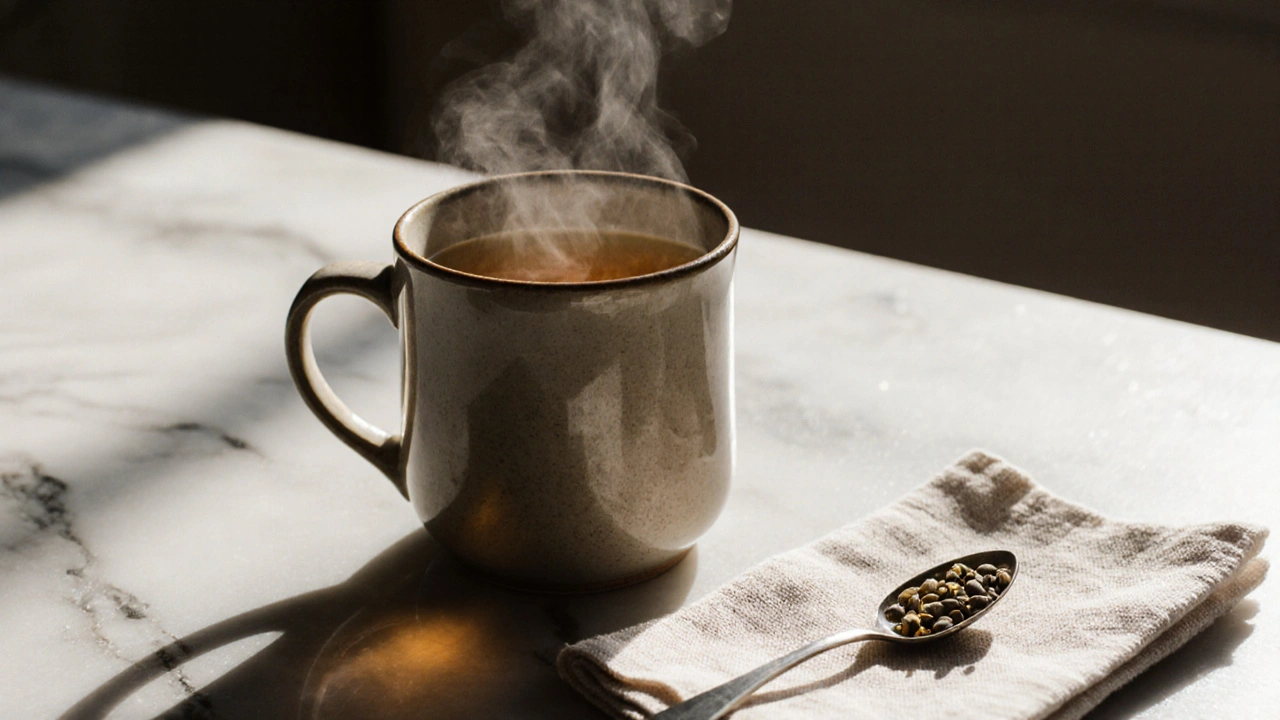 Čerstvě připravený fenykový čaj s semínky na dřevěné podložce.