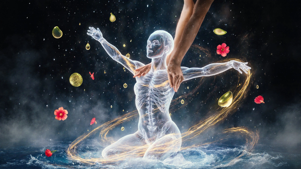 Energetické proudy a olejové kapky obklopují tělo během Lomi Lomi masáže, symbolizující uvolnění a obnovu.