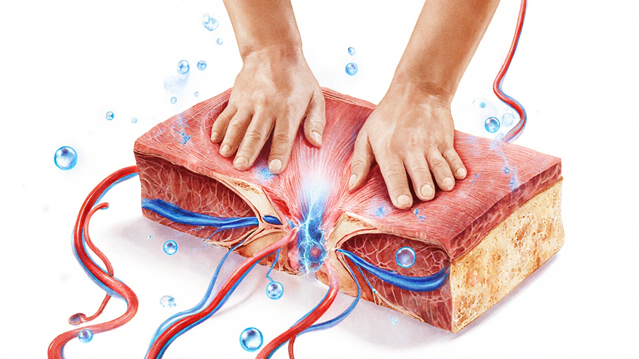 Křížový řez svalové tkáně s rozdělenými adhezemi a zlepšeným krevním oběhem.