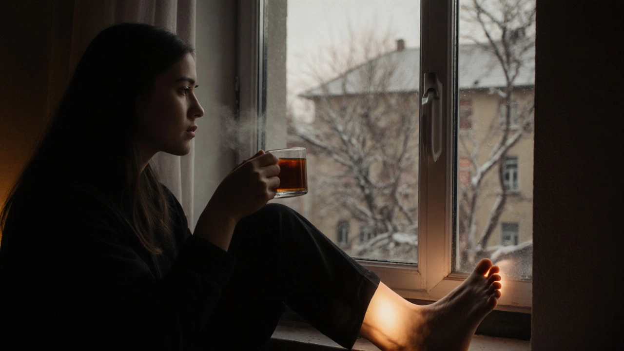 Osoba pije teplou vodu v klidné místnosti, cítí obnovu energie po masáži.