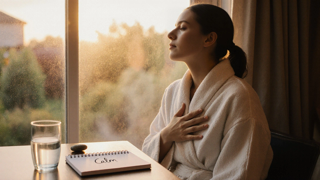 Osoba po masáži sedí v plátnovém rouchu, dívá se z okna do zahrady, cítí klid a hluboké uvolnění.