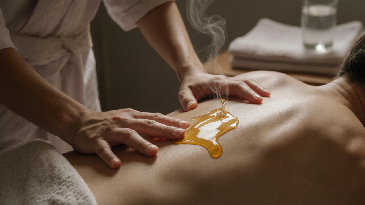 Ruce terapeuta jemně masírují záda s olejem, ve vzduchu se míhá jemná vůně levandule a pomeranče.