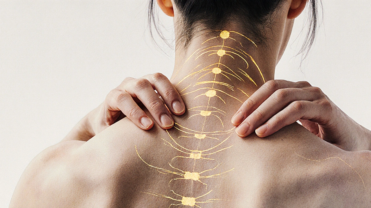 Ruce tlačí na akupresurní body, z nichž proudí jemné zlaté linie energie.