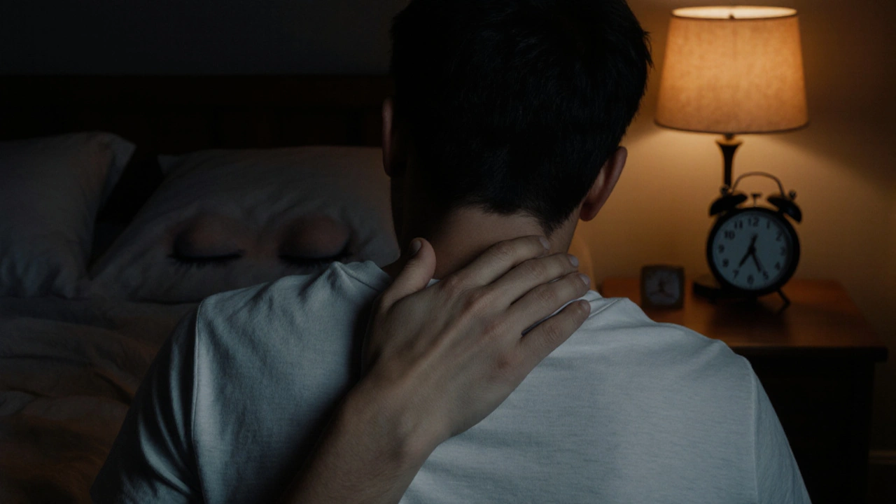 Ruka jemně leží na krku přes triko, za tímto je teplé světlo noční lampy a spící člověk v klidné ložnici.