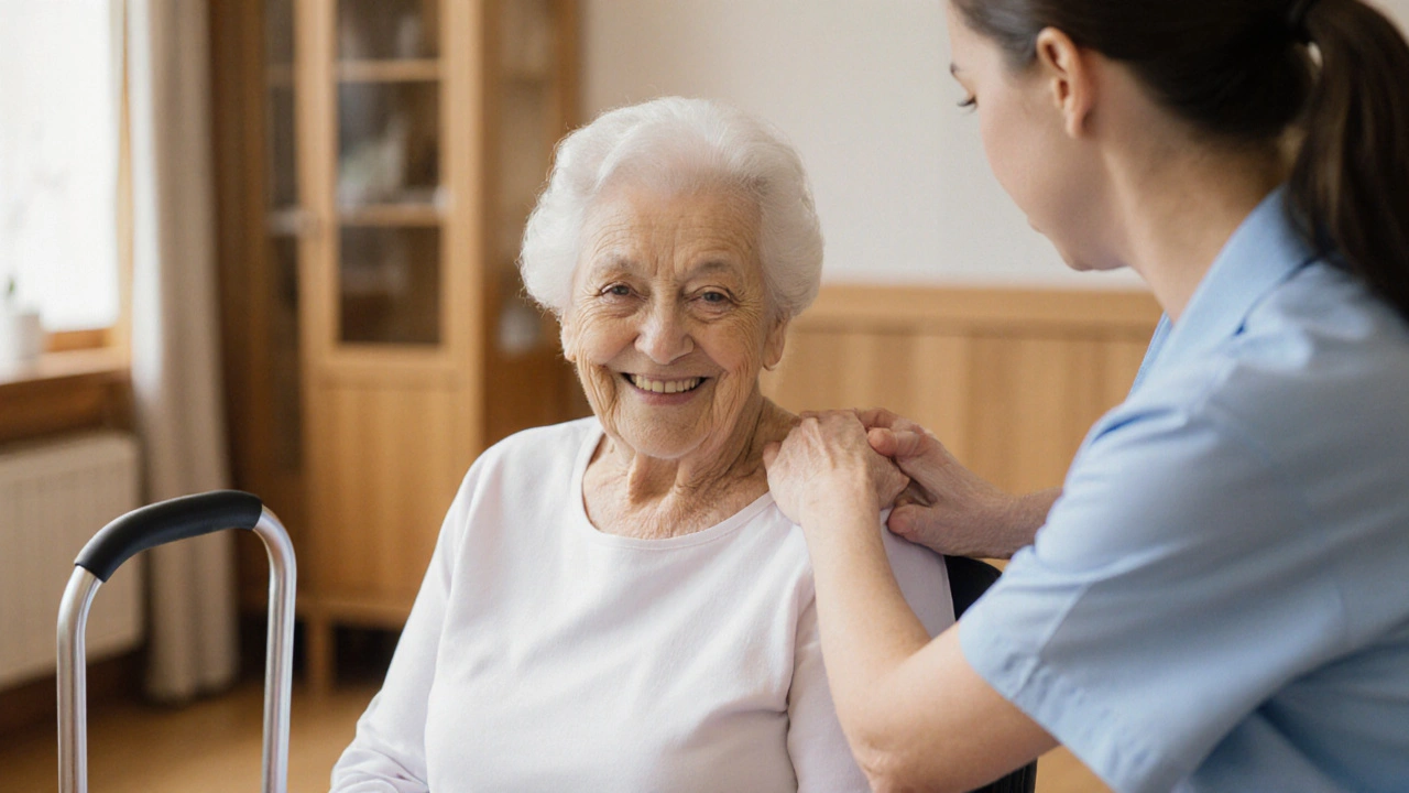 Starší žena přijímá jemnou masáž ramene v rehabilitačním centru.