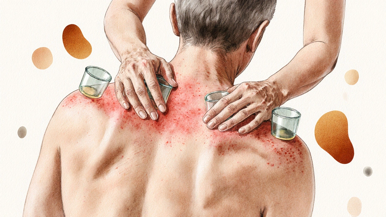 Terapeuta provádí baňkování na zádech pacienta s artritidou.