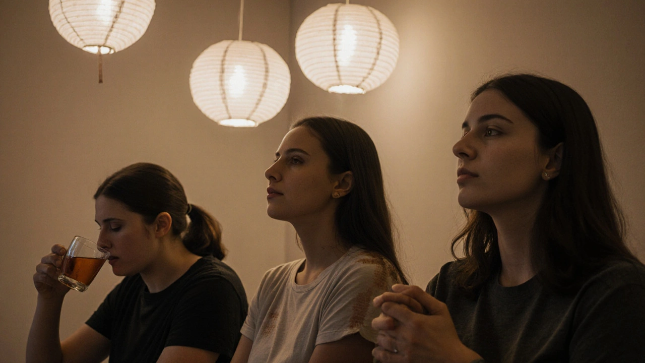 Tři lidé klidně sedí ve večerním prostředí s jemnými značkami po baňkování, vypnuté telefony a klidná atmosféra.