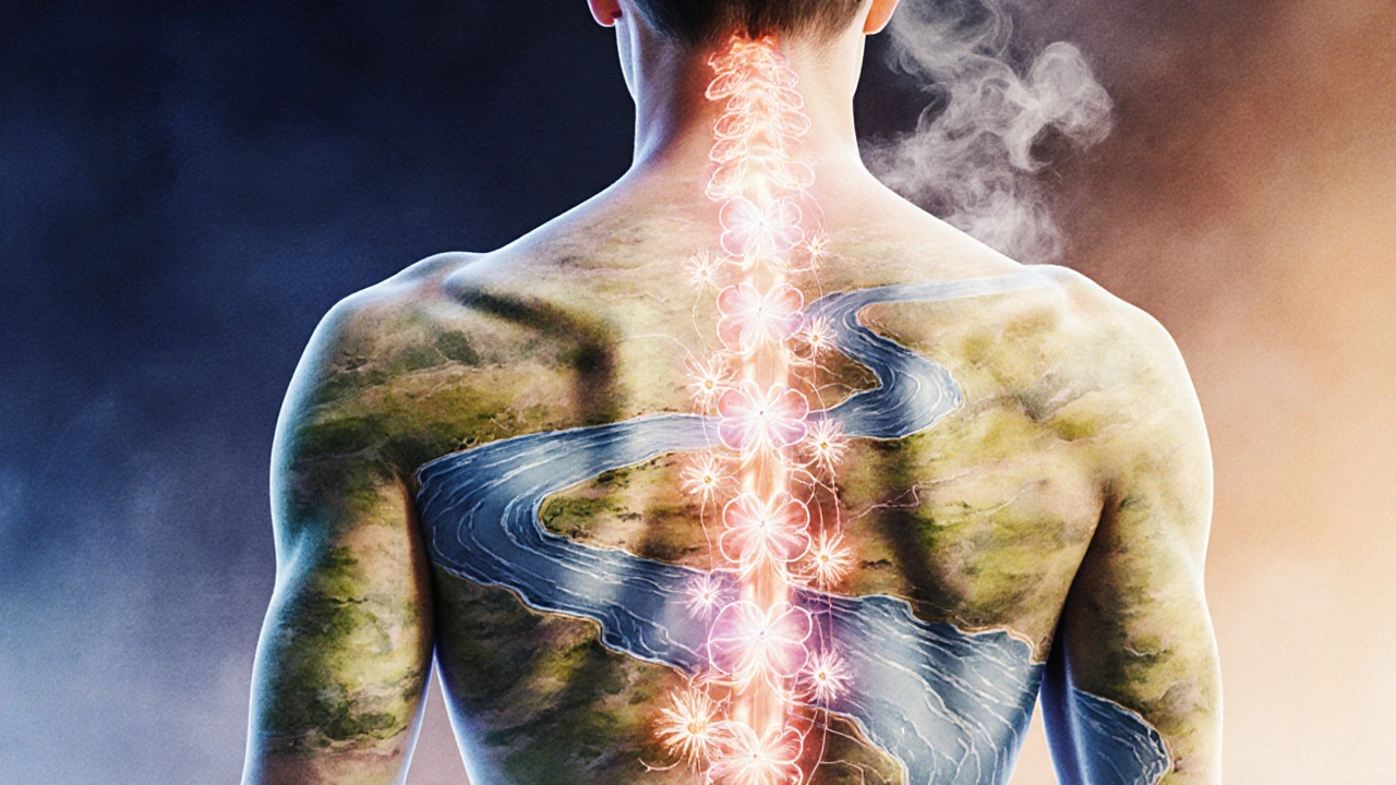 Umělecká ilustrace lidského záda jako krajiny s krevními toky a květy symbolizujícími uvolnění napětí.