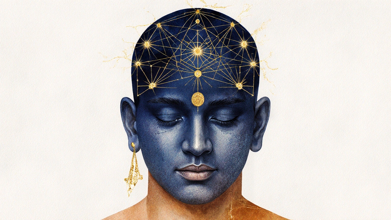 Umělecké znázornění energie v hlavě s vykreslenými body a tokem dosh, v pastelových tóních se zlatými detaily.