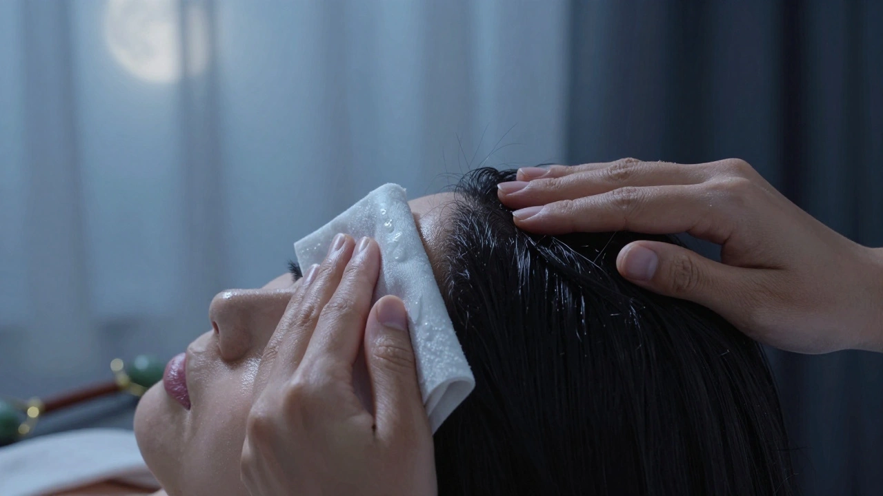 Chladný hadřík na čele s jemným škrábáním po hlavě v klidném prostředí.