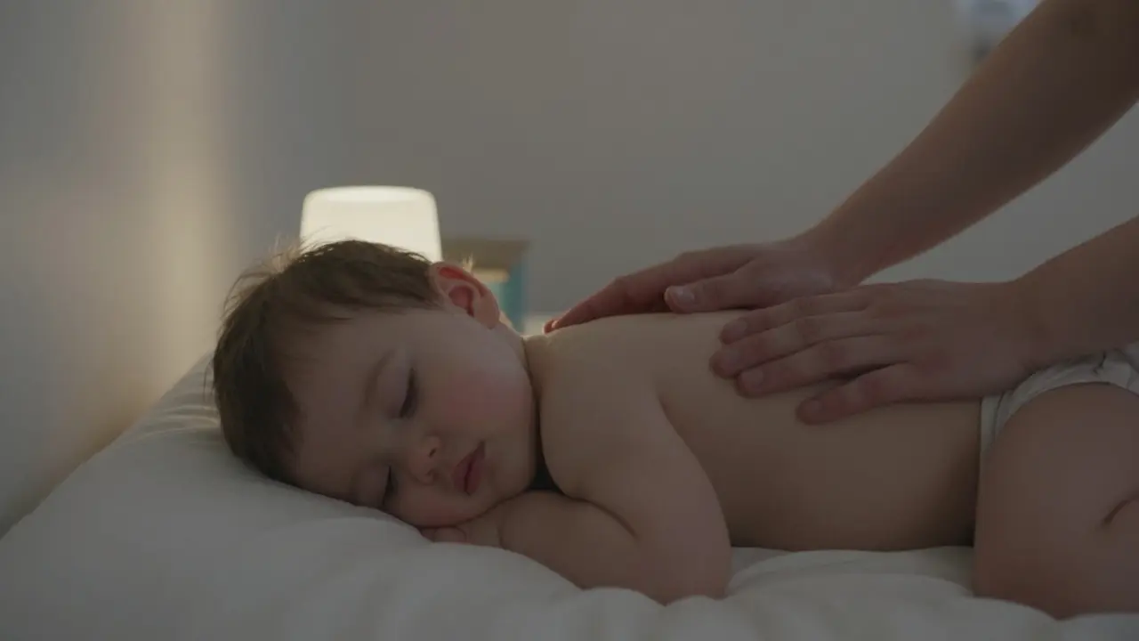 Dítě leží na kolenou rodiče před spaním, kdy ho jemně masírují na zádech.