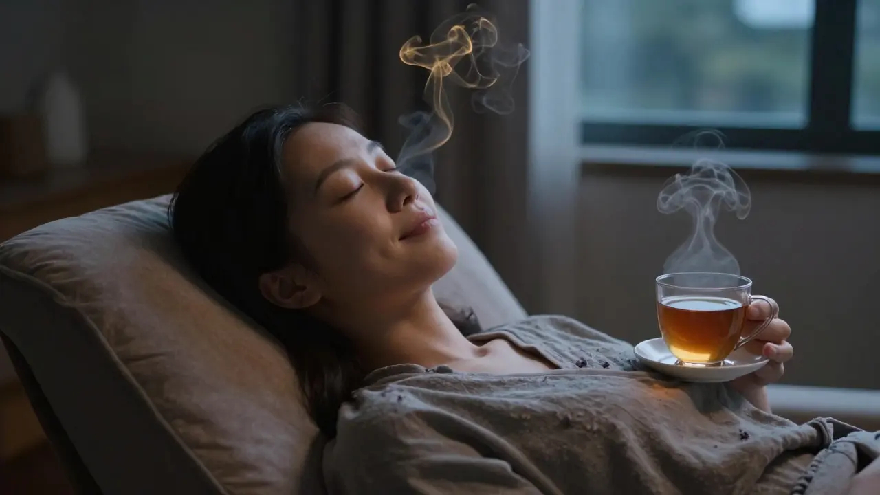 Osoba po masáži sedí v klidu, oči zavřené, v okolí jemné zlaté vůně a teplá čajová šálka.