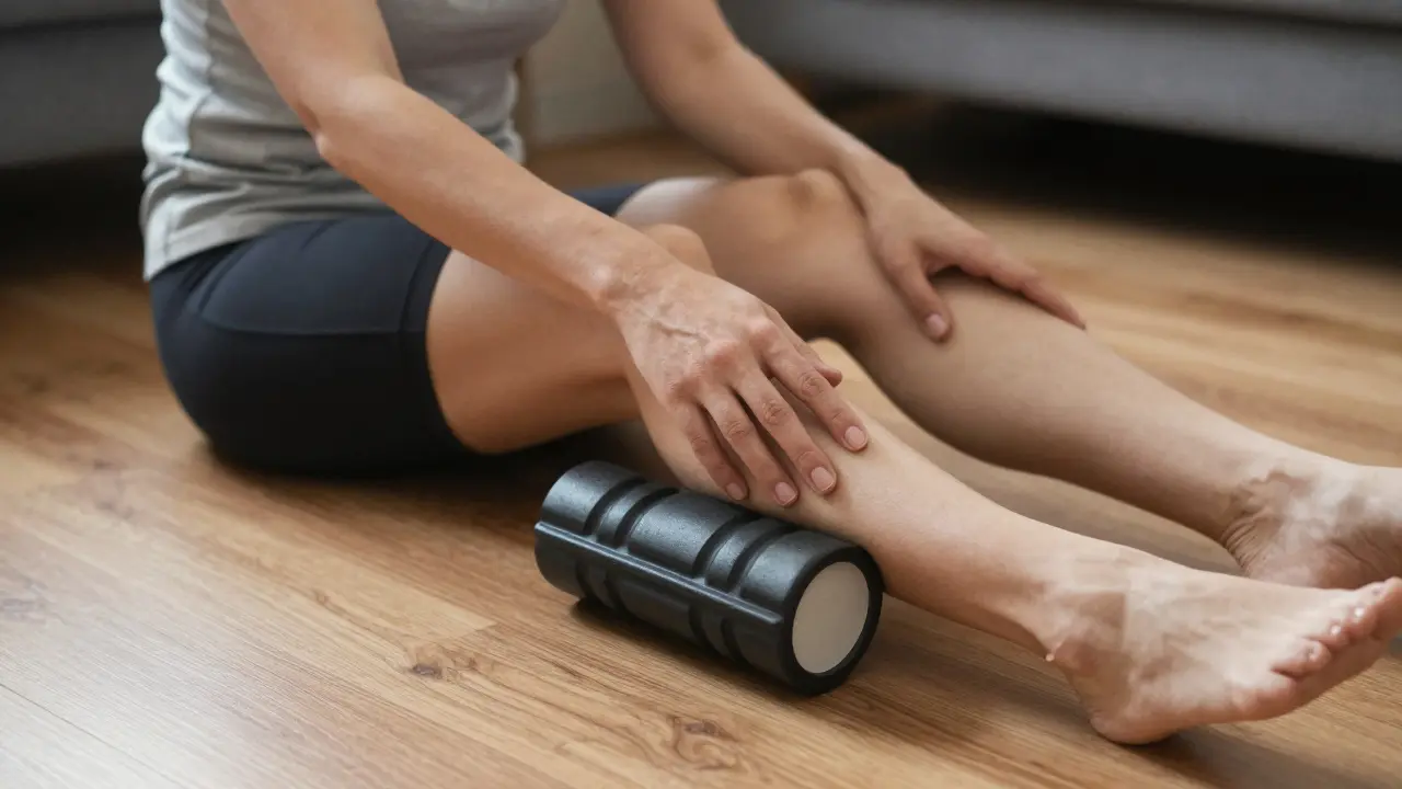 Osoba si doma masíruje lýtko pěnovým válkem s klidnou, vědomou pozorností.