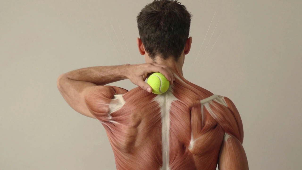 Osoba uvolňuje napětí v ramenou pomocí tenisového míčku opřeného o zeď.
