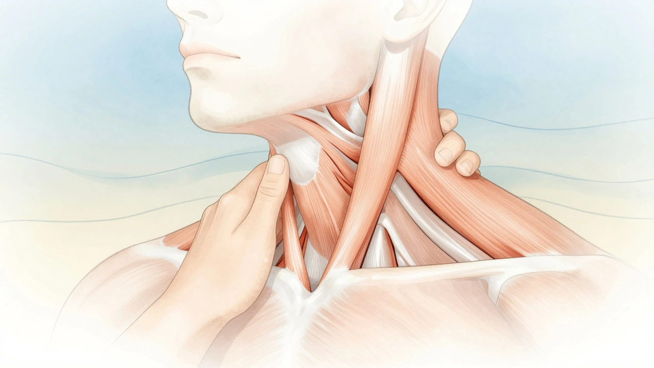 Podobizna krku s naznačenými svaly, ruce jemně tlačí, napětí se uvolňuje.