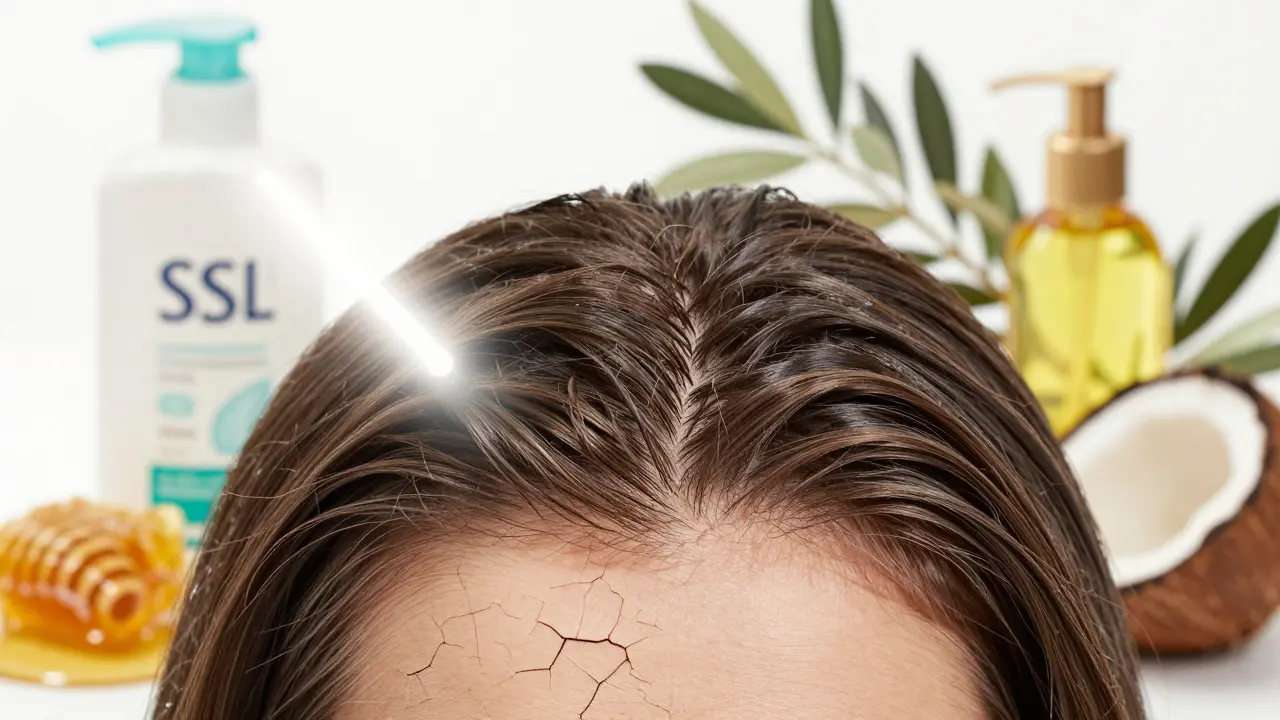 Přechod suché, šupinaté pokožky hlavy k zdravé, hydratované kůži.