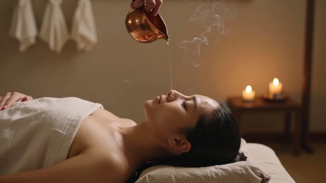 Proud teplého oleje pomalu stéká přes čelo při shirodhara terapii.