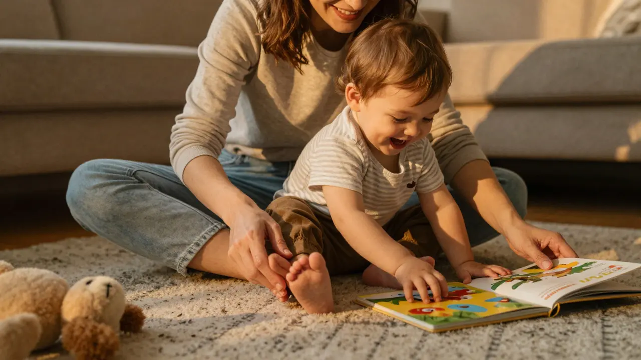 Rodič masíruje nožky batolata, které se směje a dívá se na knížku.