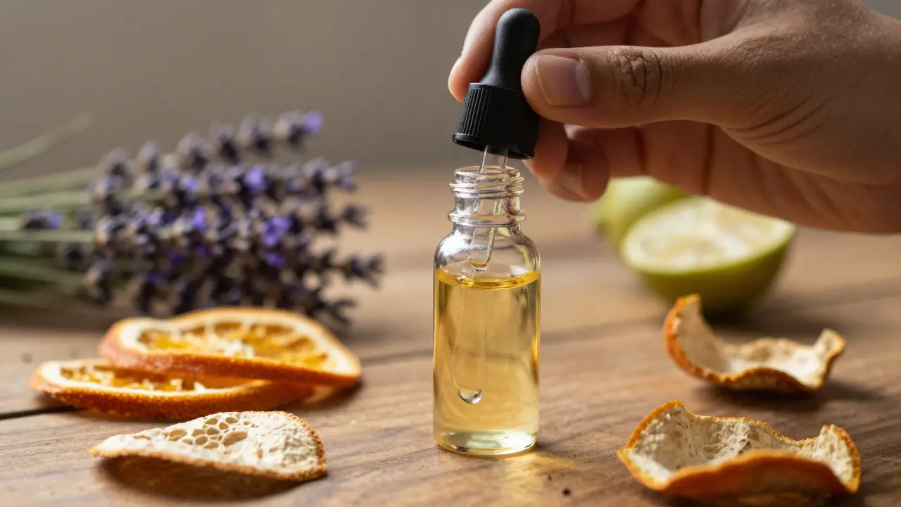 Ruce míchají esenciální oleje v skleněné lahvičce s kapkami lavenderu, bergamotu a mandlového oleje.