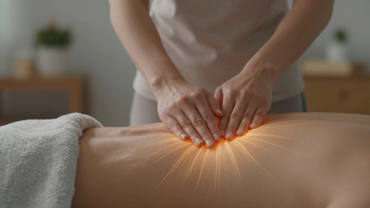 Ruce provádějí jemnou masáž pánve s vizualizací krevního oběhu.