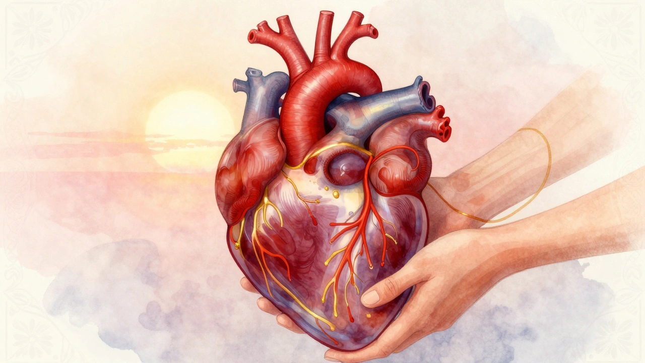 Stylizované srdce s proudy krve a rukama, které uvolňují napětí v těle.