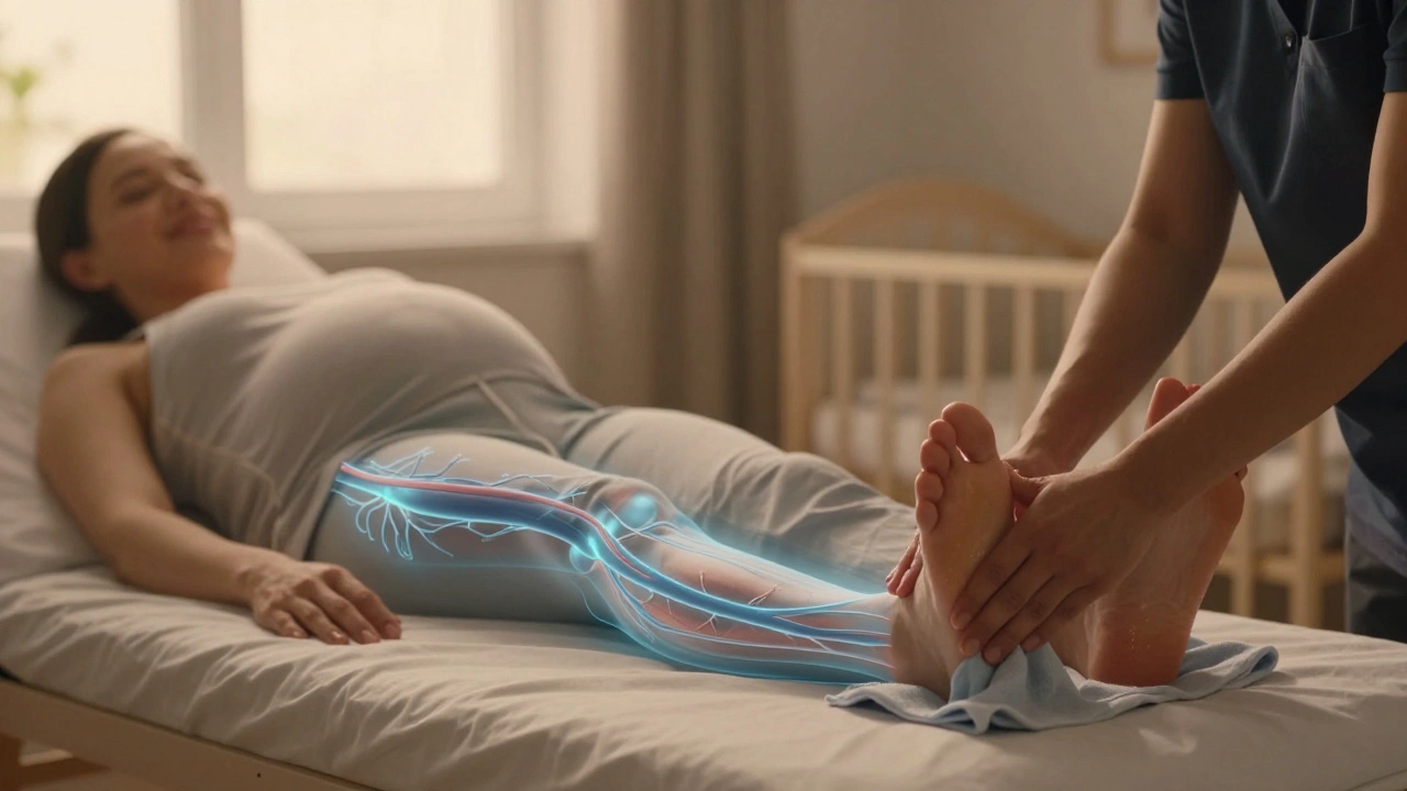 Těhotná žena si nechává masírovat nohy, světlo z okna osvětluje klidnou scénu.