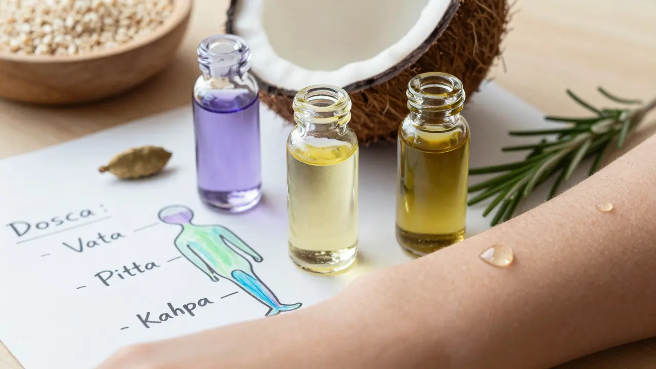 Tři přirozené oleje s bylinami pro ayurvédskou masáž na dřevěném stole.