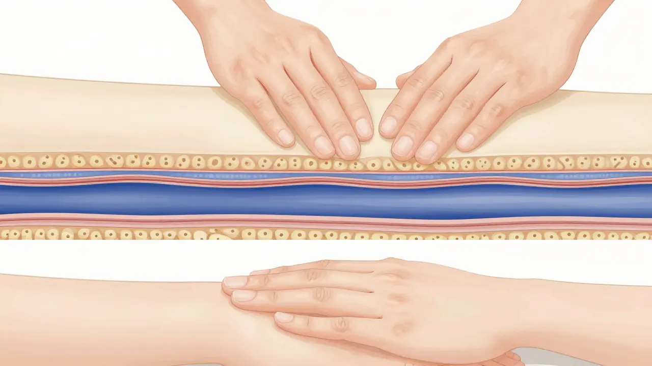 Třífázový proces masáže: povrchové, hluboké a zavírací pohyby znázorněné vizuálně.