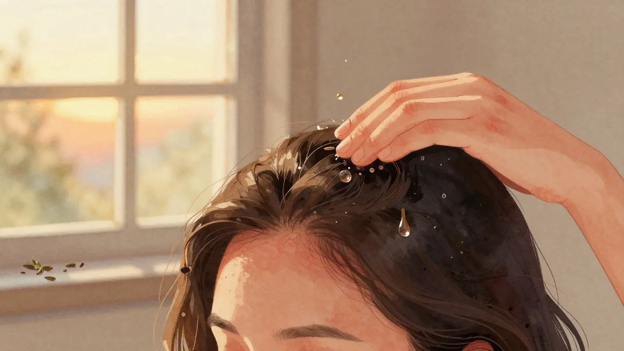 Žena aplikuje olej z černého kmínu na pokožku hlavy při západu slunce.