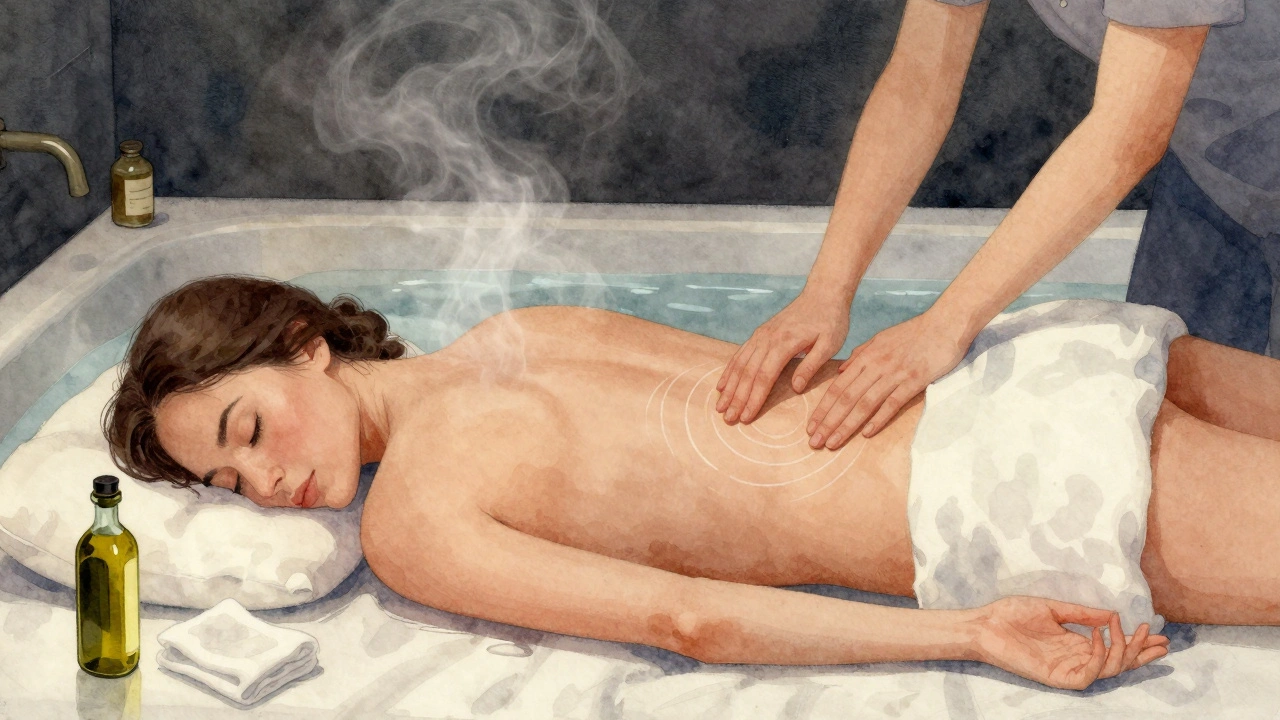 Žena masíruje dolní část zad ležící na polštáři, klidná atmosféra.