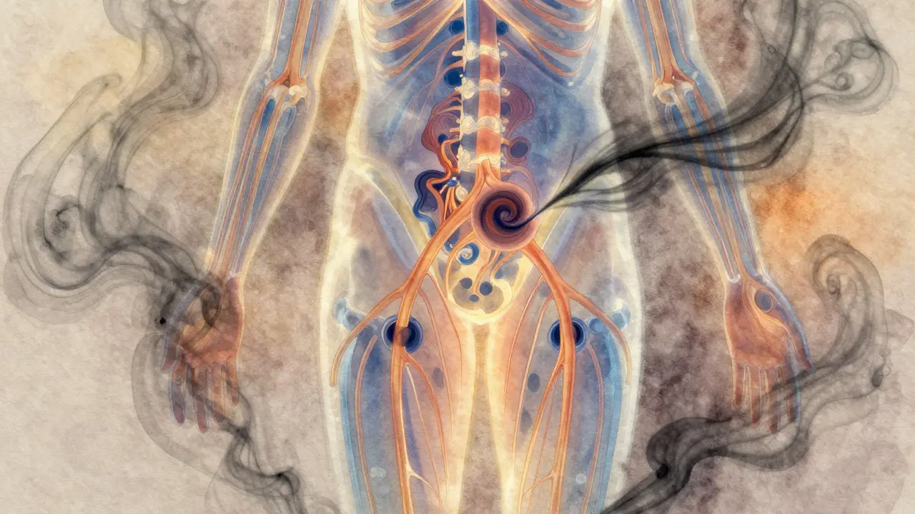 Abstraktní ilustrace lidského těla s proudy krve a lymfy, napětí se rozptyluje.