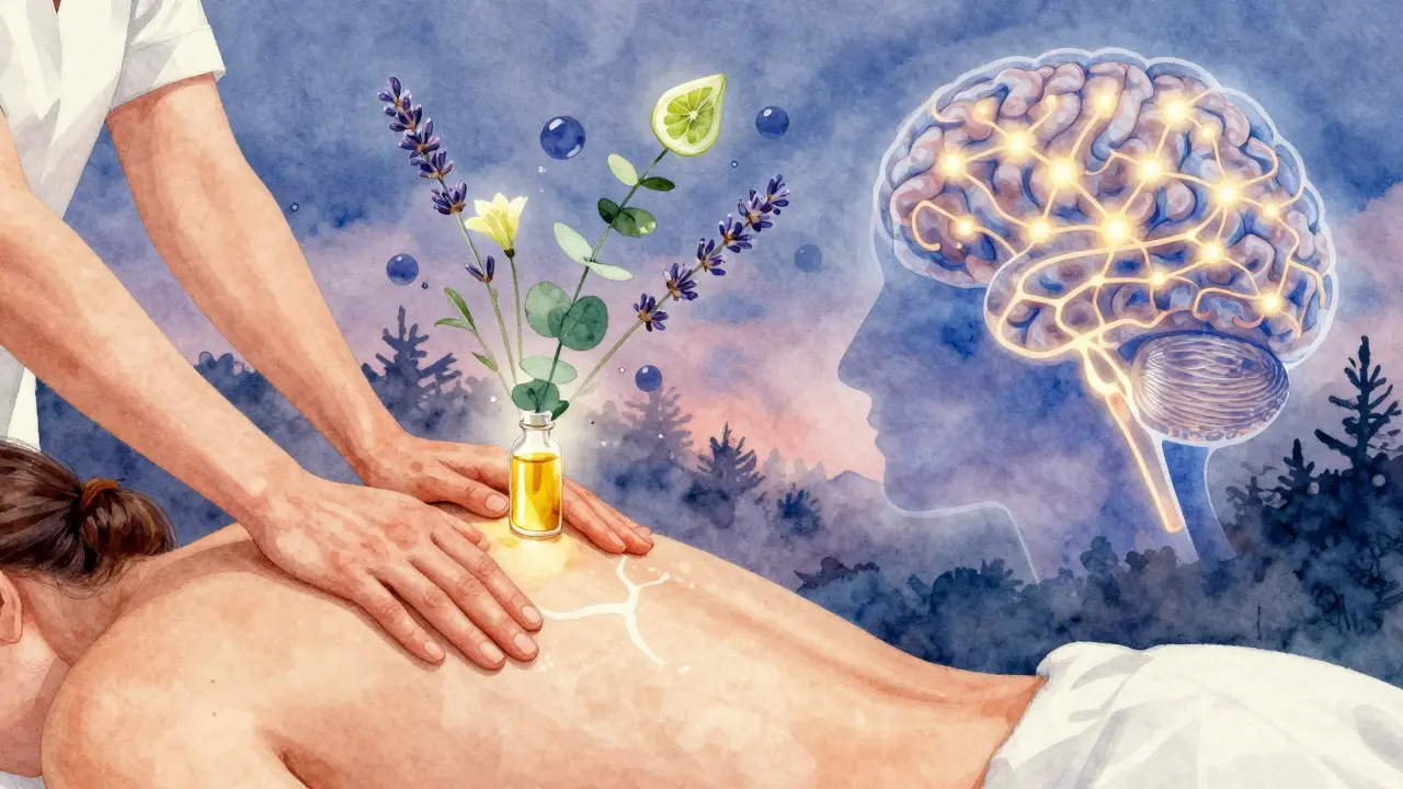 Abstraktní vize spojení doteku a vůně: ruce masírují kůži, zároveň esenciální oleje vystupují jako molekuly do mozku.