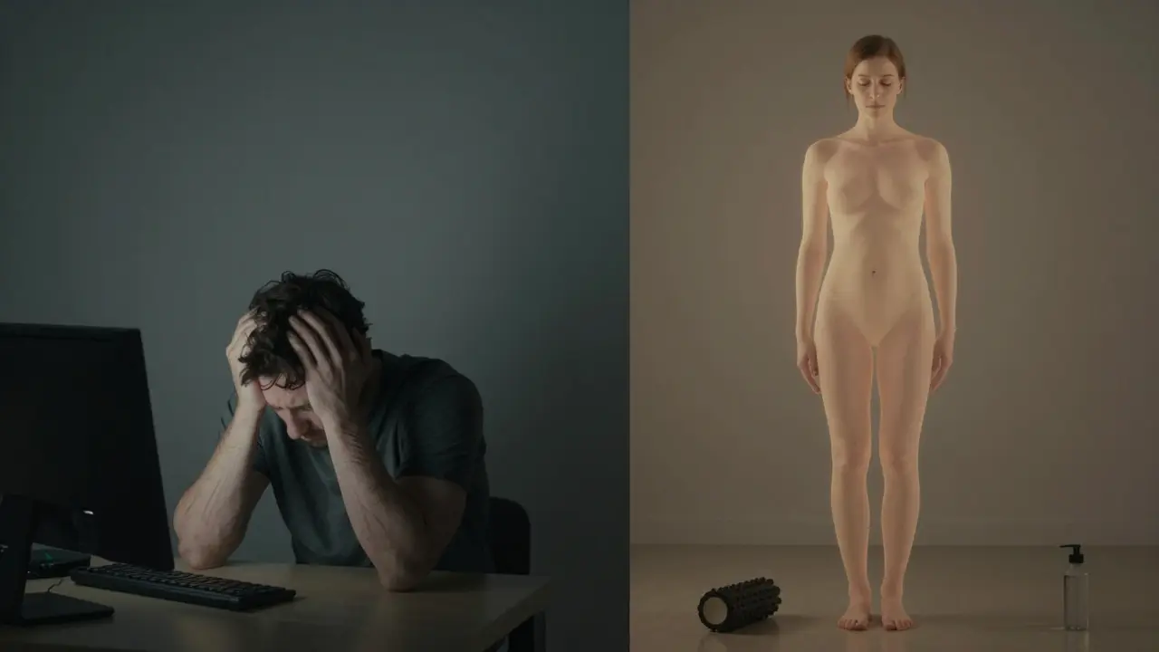 Dvě části obrázku: jeden člověk stresový, druhý uvolněný po masáži.