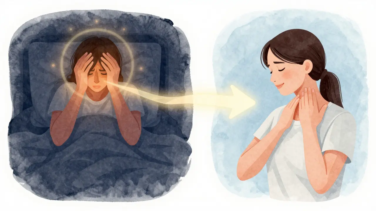 Dvě scény: jedna s bolestí hlavy ve tmě, druhá s klidnou masáží ráno — prevence jako cesta k úlevě.