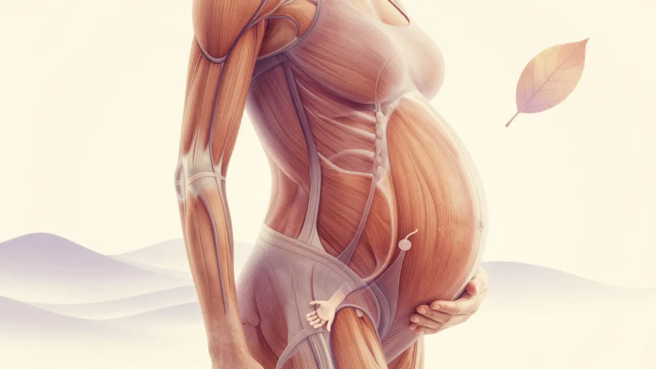 Ilustrace těhotného těla s viditelným zlepšením krevního oběhu a snížením otoků.