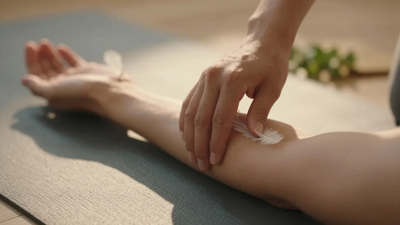 Jemná ruka provádí jemnou lymfatickou masáž na paži při jemném osvětlení.