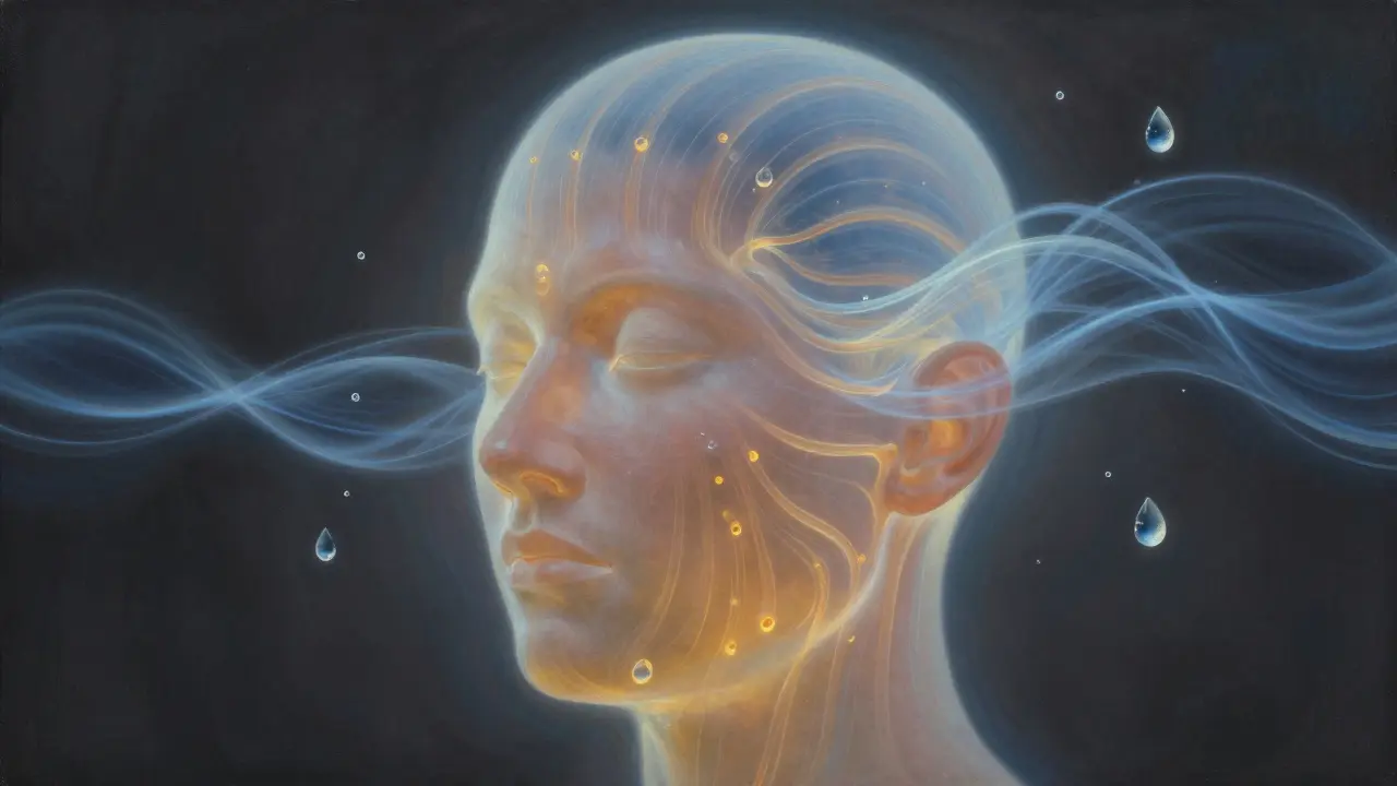 Koncepční obrázek hlavy s viditelnými energetickými vlnami uvolňujícími napětí z akupresurních bodů.