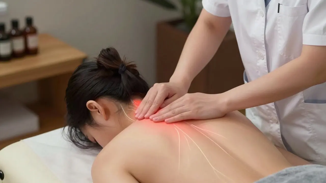 Odborník provádí cílenou masáž na krku a zátylku pacienta, zaměřený na nervy způsobující migrénu.