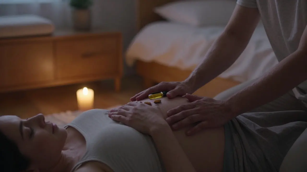 Partner jemně masíruje břicho těhotné ženy v klidné, osvětlené ložnici večer.