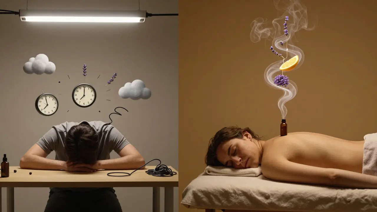 Před a po: napětí u pracovního stolu proti klidu během aromaterapeutické masáže s jemnými vůňovými stopami.