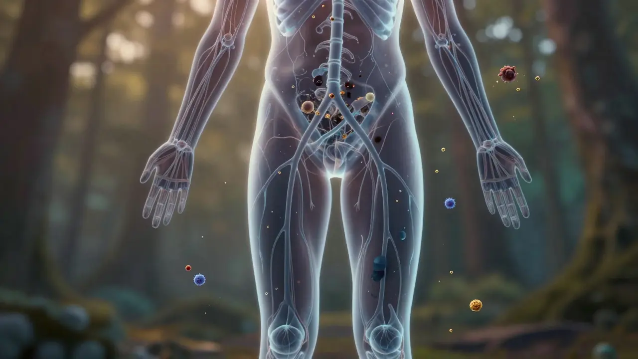 Průhledný lidský tělo s narušeným prouděním lymfy v končetinách a jasným tokem v těle.