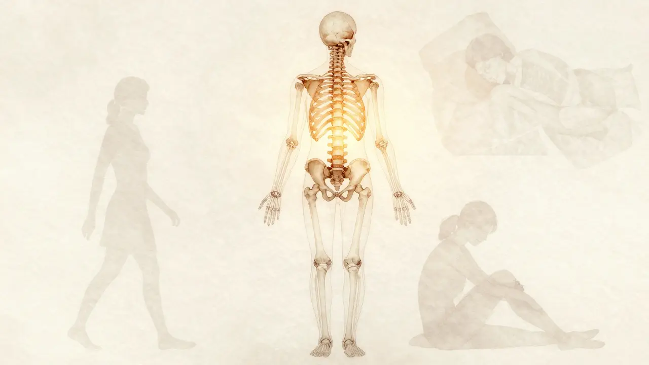 Umělecké znázornění vyrovnané páteře a kloubů spojených s každodenními činnostmi.