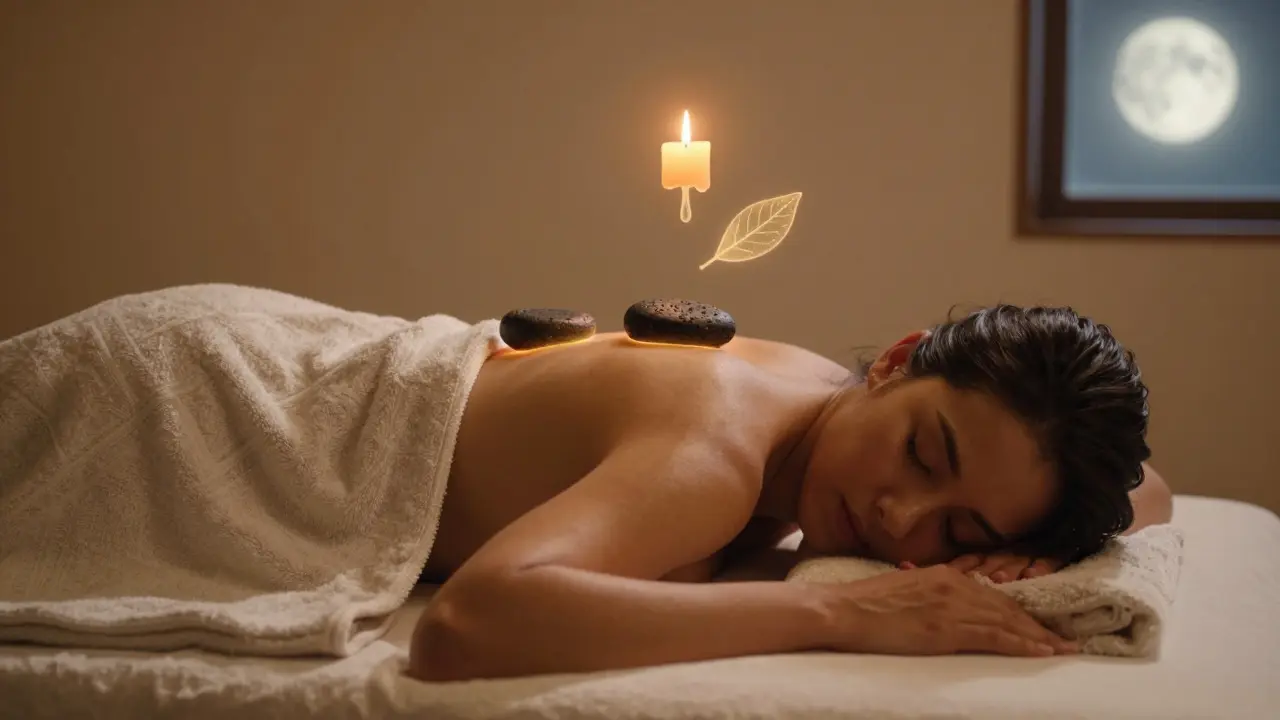 Člověk spí klidně po masáži, zatímco kolem něj visí jemné stopy tepla a klidu.