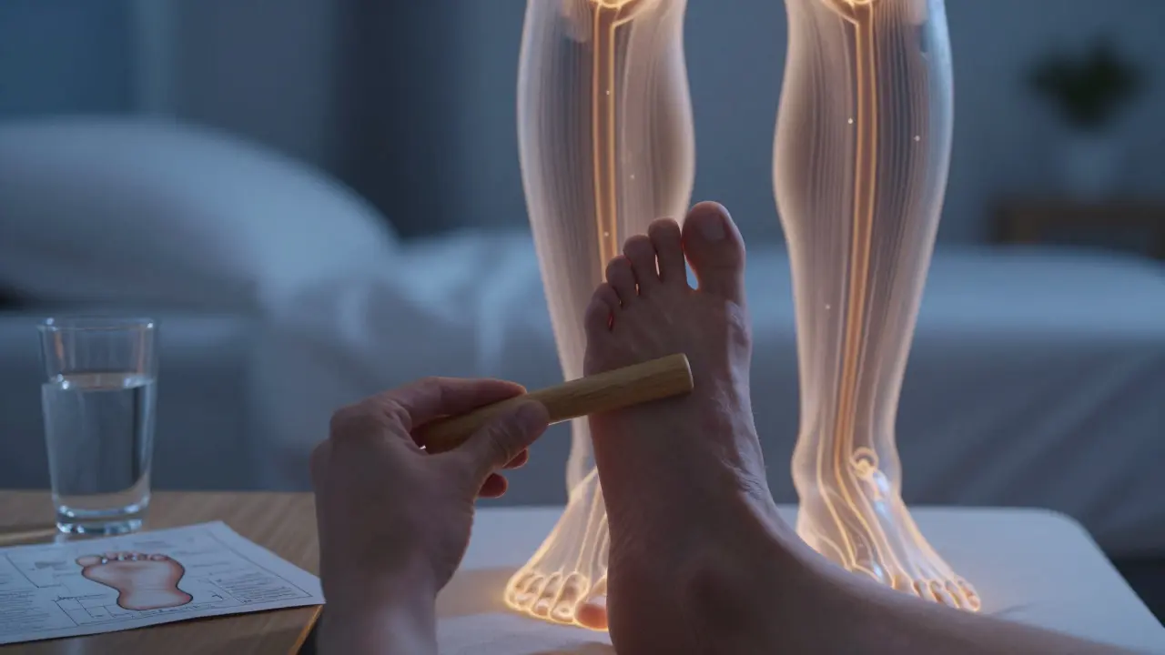 Dřevěná tyčka tlačí na chodidlo, zatímco tělo začíná regenerovat krevní oběh a nervy.