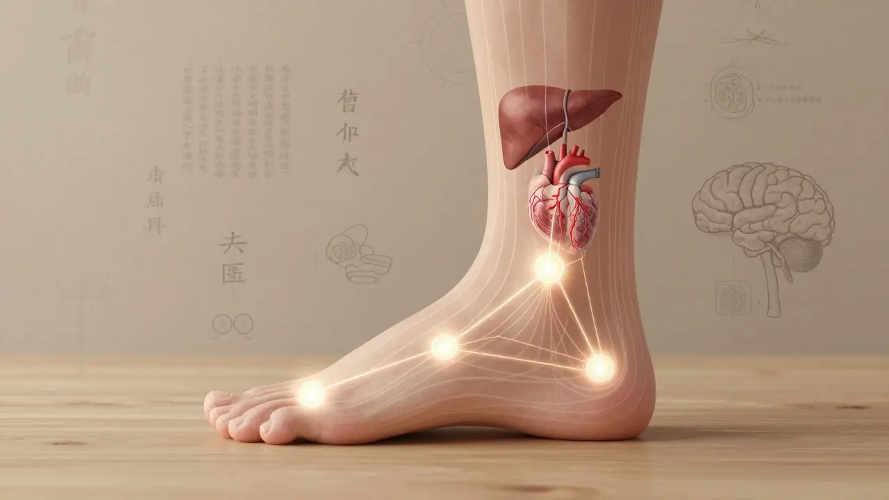 Mapa chodidla s označenými body odpovídajícími orgánům těla, svítícími při tlaku.